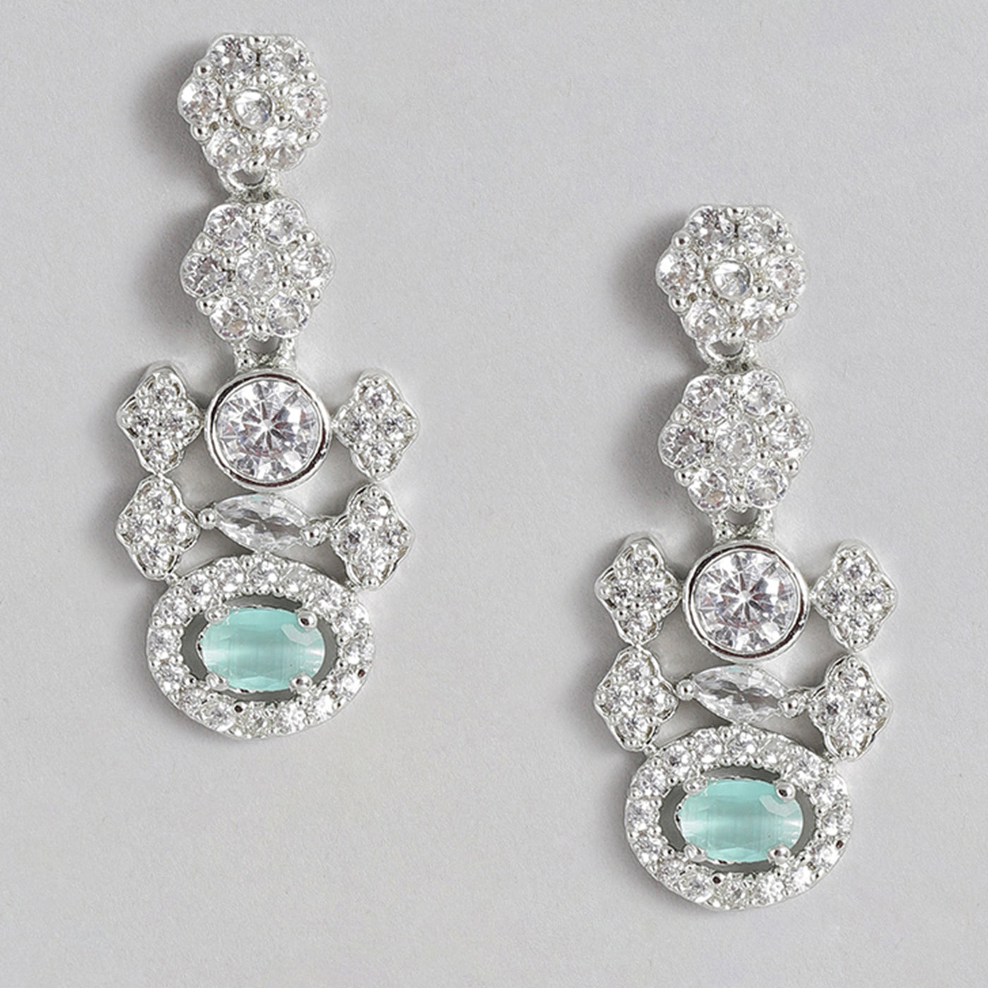 Estele Rhodium Plated CZ Sparkling Earrings with Mint Green Stones for Women