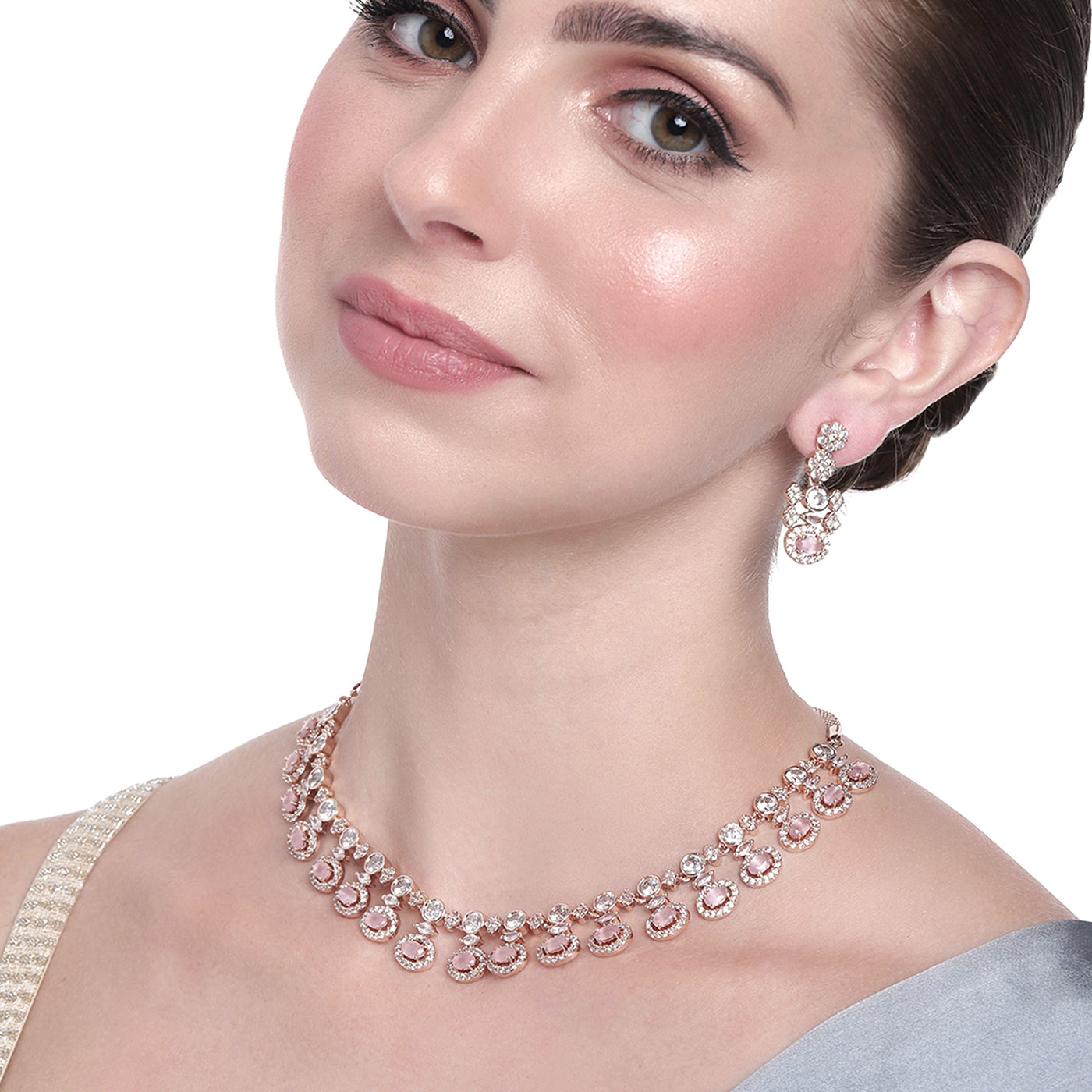 Estele Rose Gold Plated CZ Pleasant In Mint Pink Necklace Set for Women