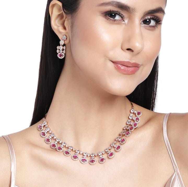 Estele Rose Gold Plated Plush with Ruby Stones dazzling Necklace Set for Women