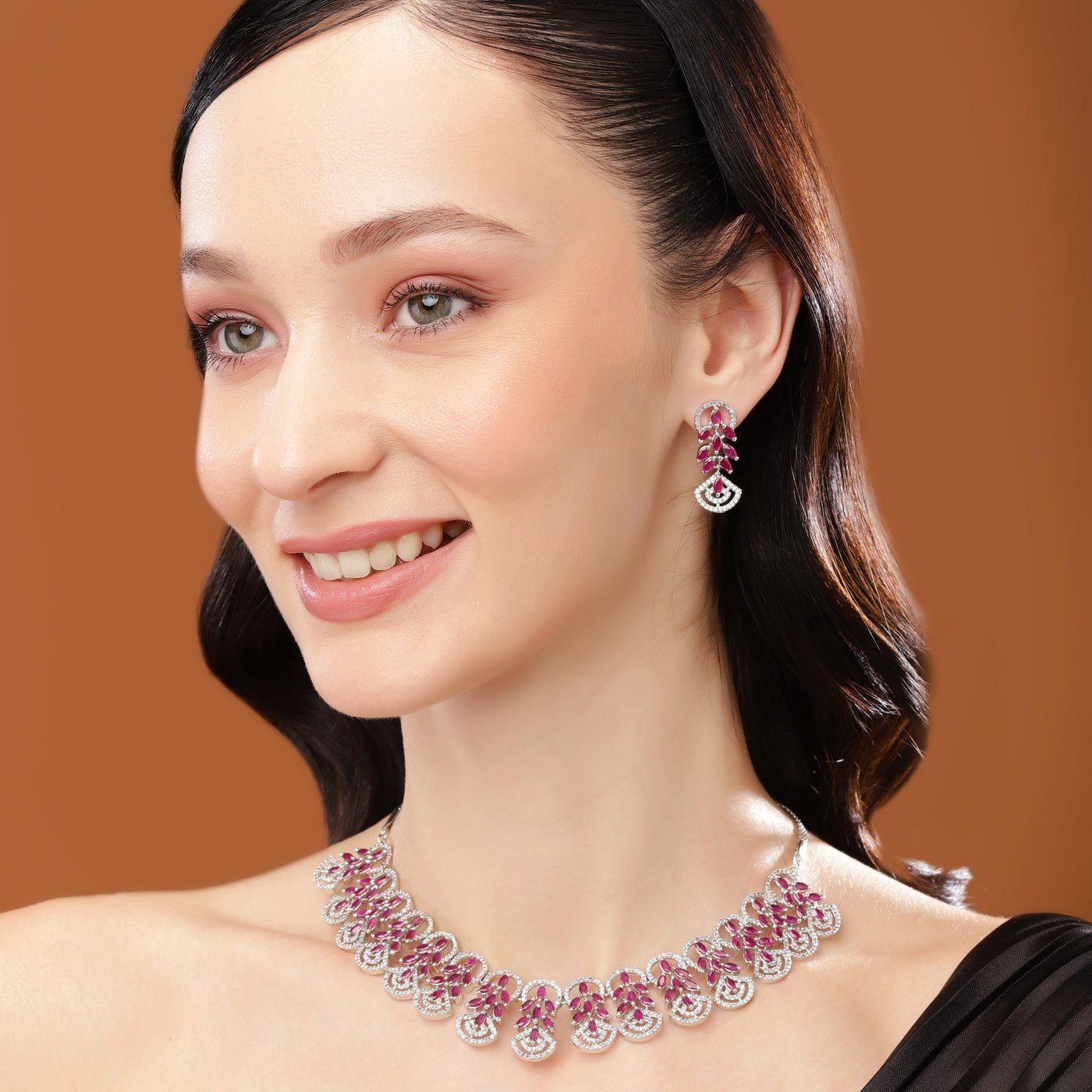 Estele Rhodium Plated CZ Marquise Melody Necklace Set with Ruby Crystals for Women
