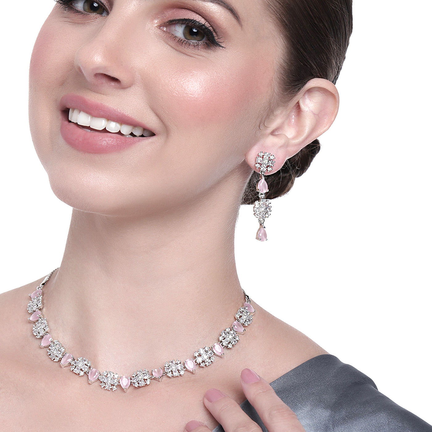 Estele Rhodium Plated CZ Sparkling Designer Necklace Set with Mint Pink Crystals for Women