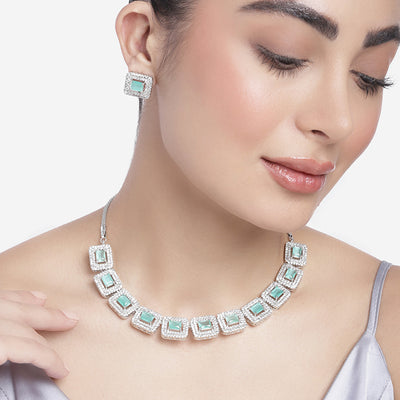 Estele Rhodium Plated CZ Fascinating Necklace Set with Mint Green Crystals for Women