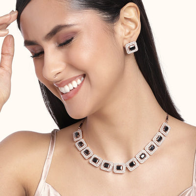 Estele Rose Gold Plated CZ Shimmering Necklace Set with Black Crystals for Women