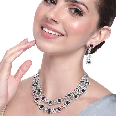 Estele Rhodium Plated CZ Astonishing Double Layered Necklace Set with Blue Stones for Women