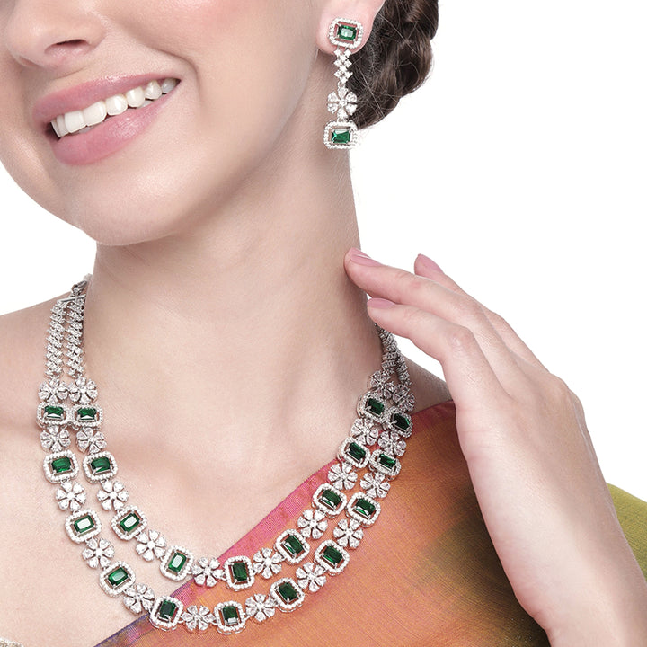 Estele Rhodium Plated CZ Dazzling Double Layered Designer Necklace Set with Green & White Crystals for Women