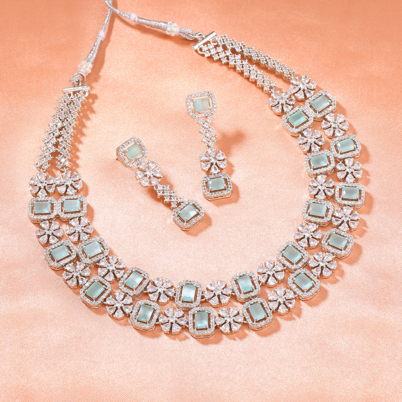 Estele Rhodium Plated CZ Astonishing Double Layered Necklace Set with Mint Green and White Crystals for Women