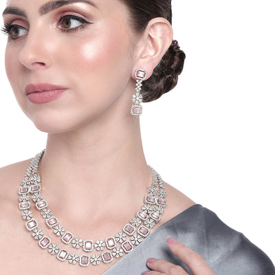 Estele Rhodium Plated CZ Fascinating Double Layered Necklace Set with Mint Pink and White Crystals for Women