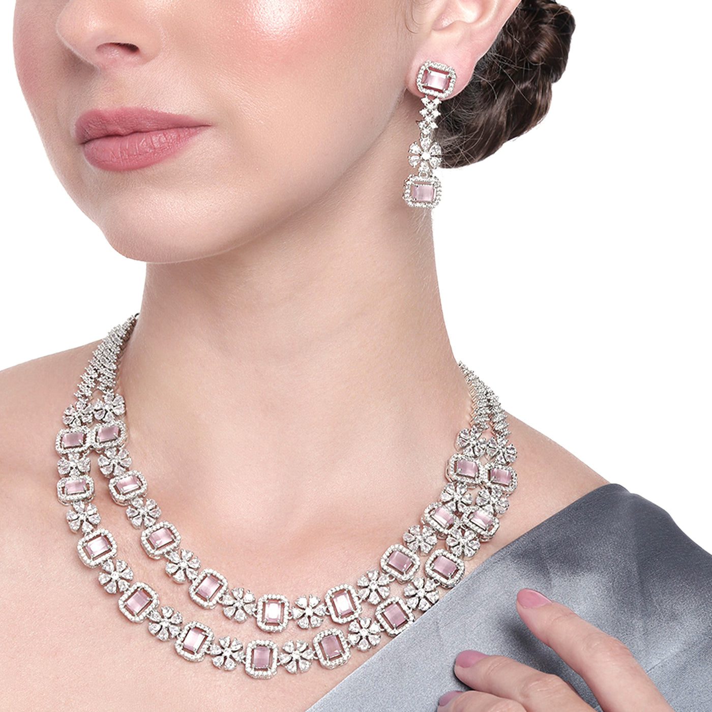 Estele Rhodium Plated CZ Fascinating Double Layered Necklace Set with Mint Pink and White Crystals for Women