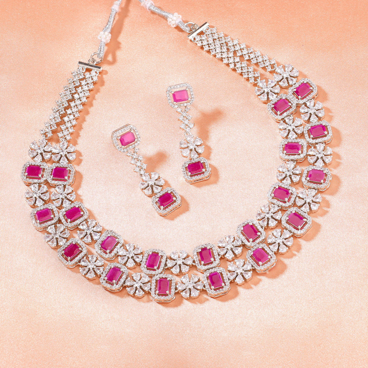 Estele Rhodium Plated CZ Captivating Double Layered Necklace Set with Ruby & White Crystals for Women