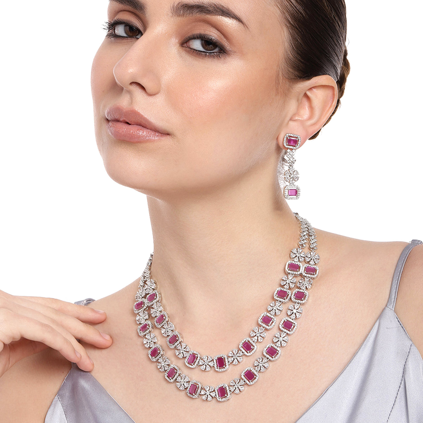 Estele Rhodium Plated CZ Captivating Double Layered Necklace Set with Ruby & White Crystals for Women