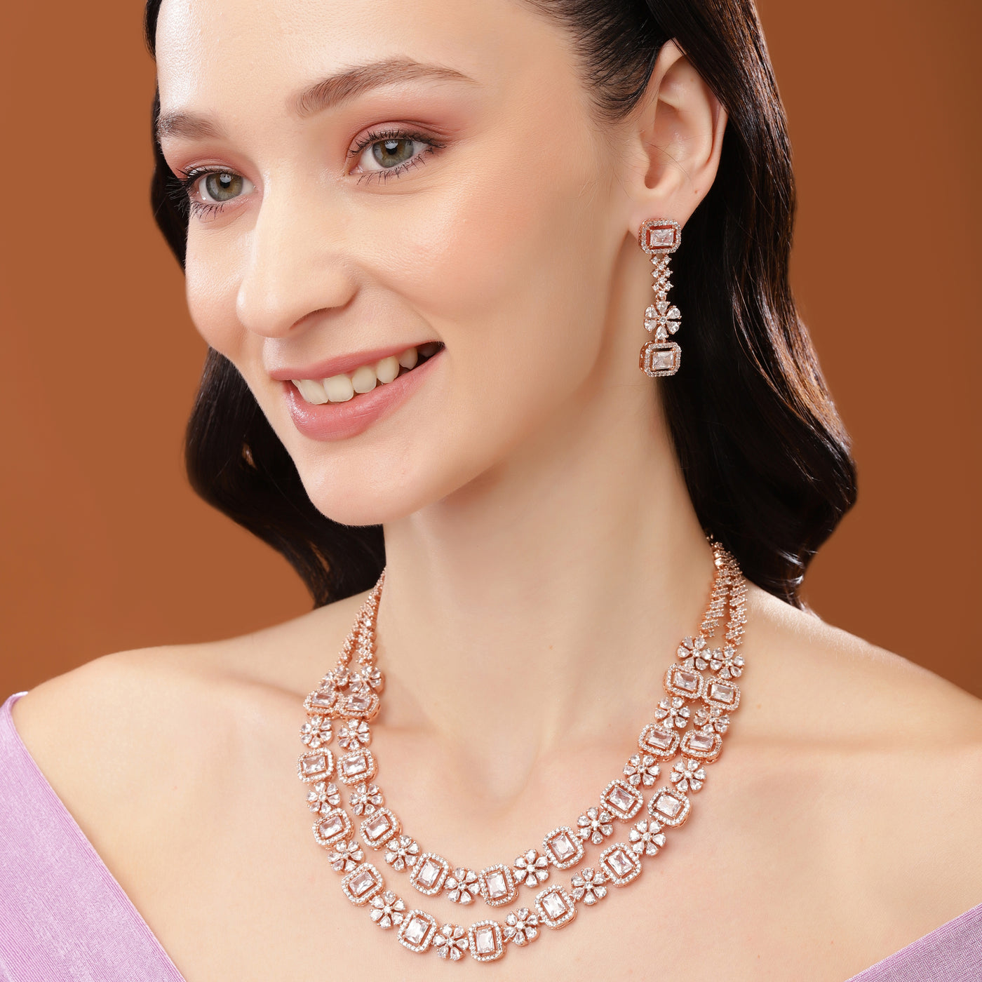 Estele Rose Gold Plated CZ Fascinating Double Layered Necklace Set with White Crystals for Women