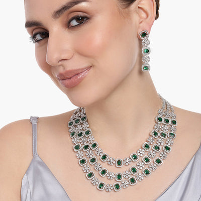 Estele Rhodium Plated CZ Dazzling Designer Three Layered Necklace Set with Green and White Crystals for Women