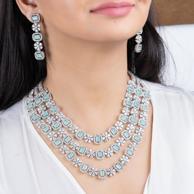 Estele Rhodium Plated CZ Magnificent Necklace Set with Mint Green Crystals for Women