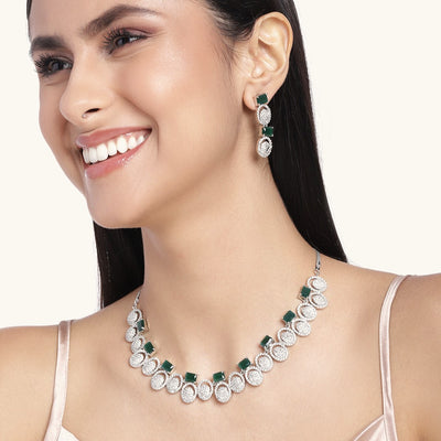 Estele Rhodium Plated CZ Mesmerizing Necklace Set with Green Crystals for Women
