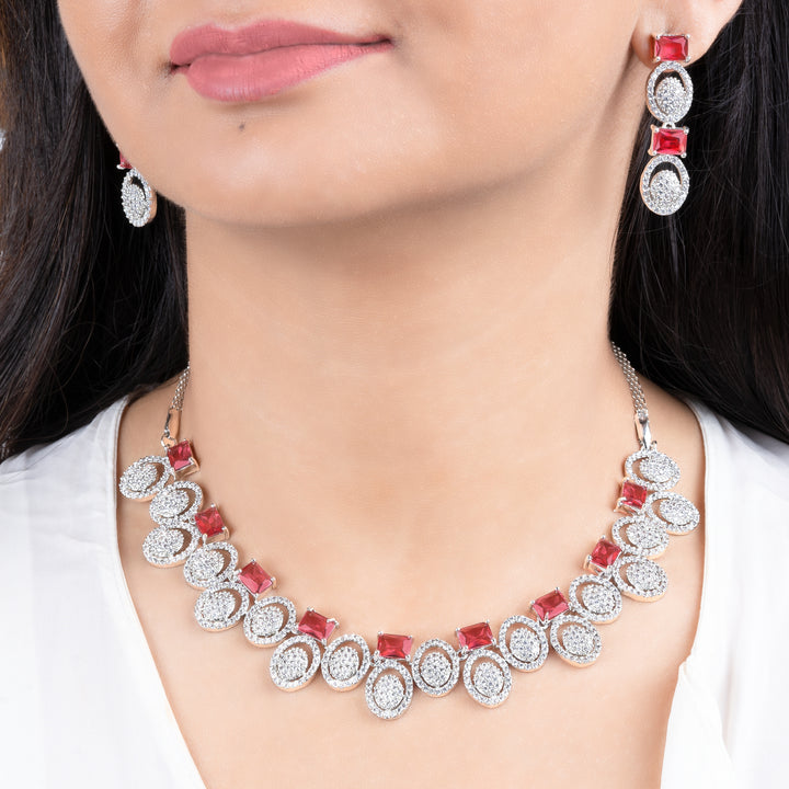 Estele Rhodium Plated CZ Circular Designer Necklace Set with Pink Crystals for Women