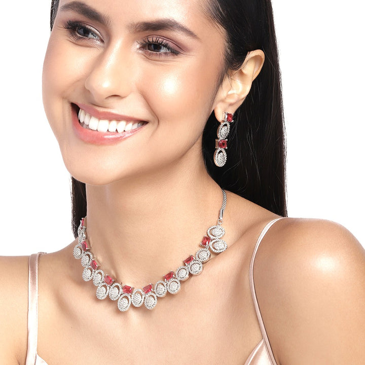 Estele Rhodium Plated CZ Circular Designer Necklace Set with Pink Crystals for Women