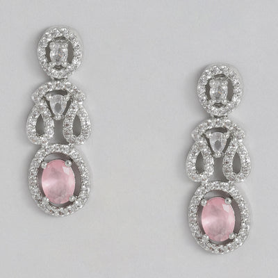 Estele Rhodium Plated CZ Charming Earrings with Mint Pink Stones for Women