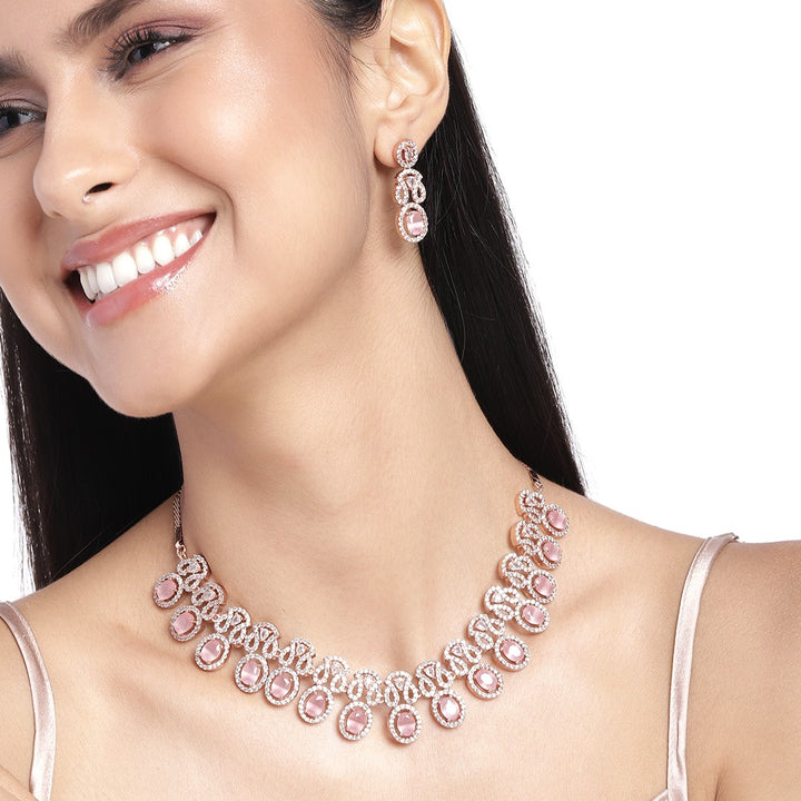 Estele Rose Gold Plated CZ Ravishing Necklace Set with Mint Pink Crystals for Women