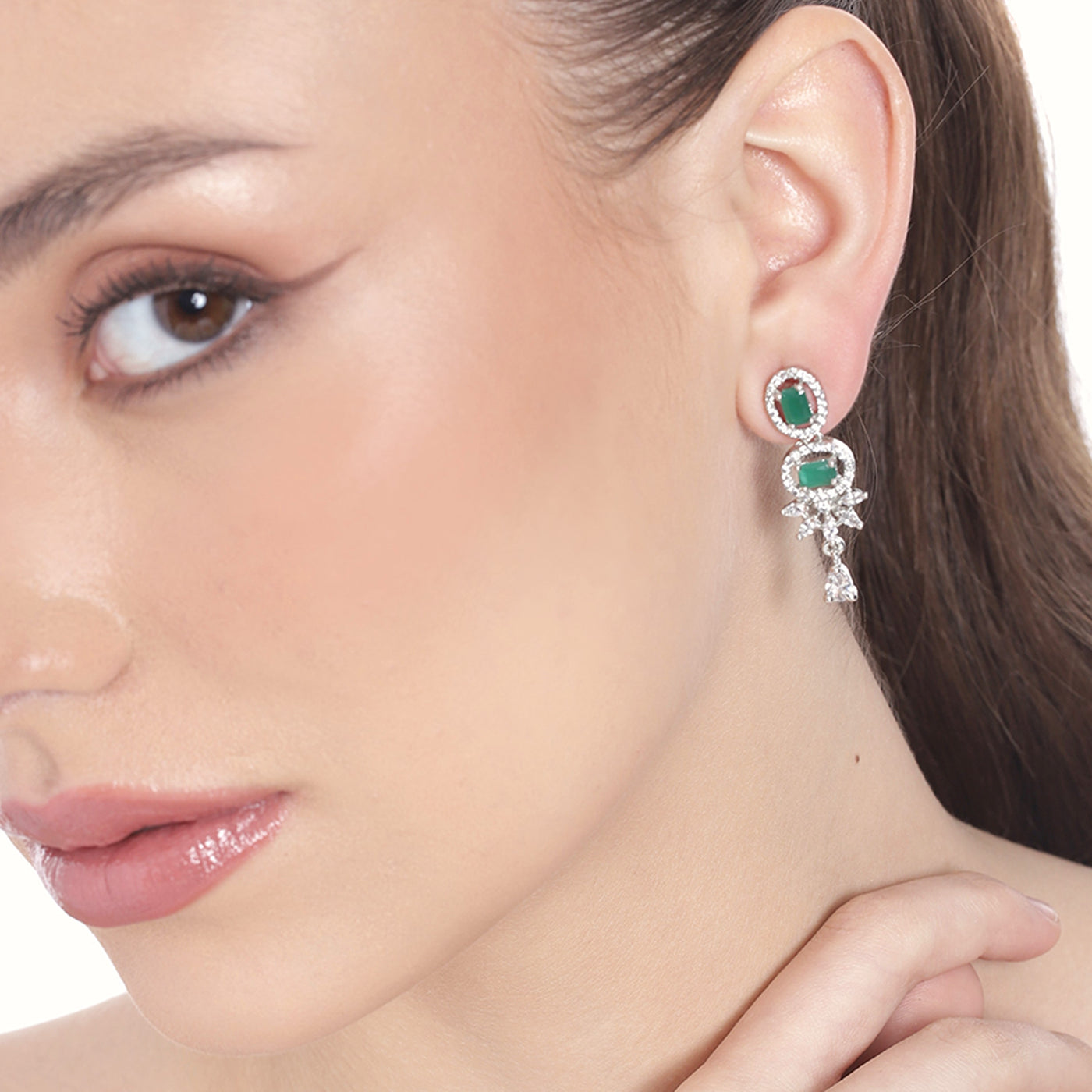 Estele Rhodium Plated CZ Adorable Earrings With Green Stones For Women