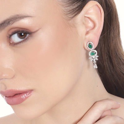 Estele Rhodium Plated CZ Adorable Earrings With Green Stones For Women