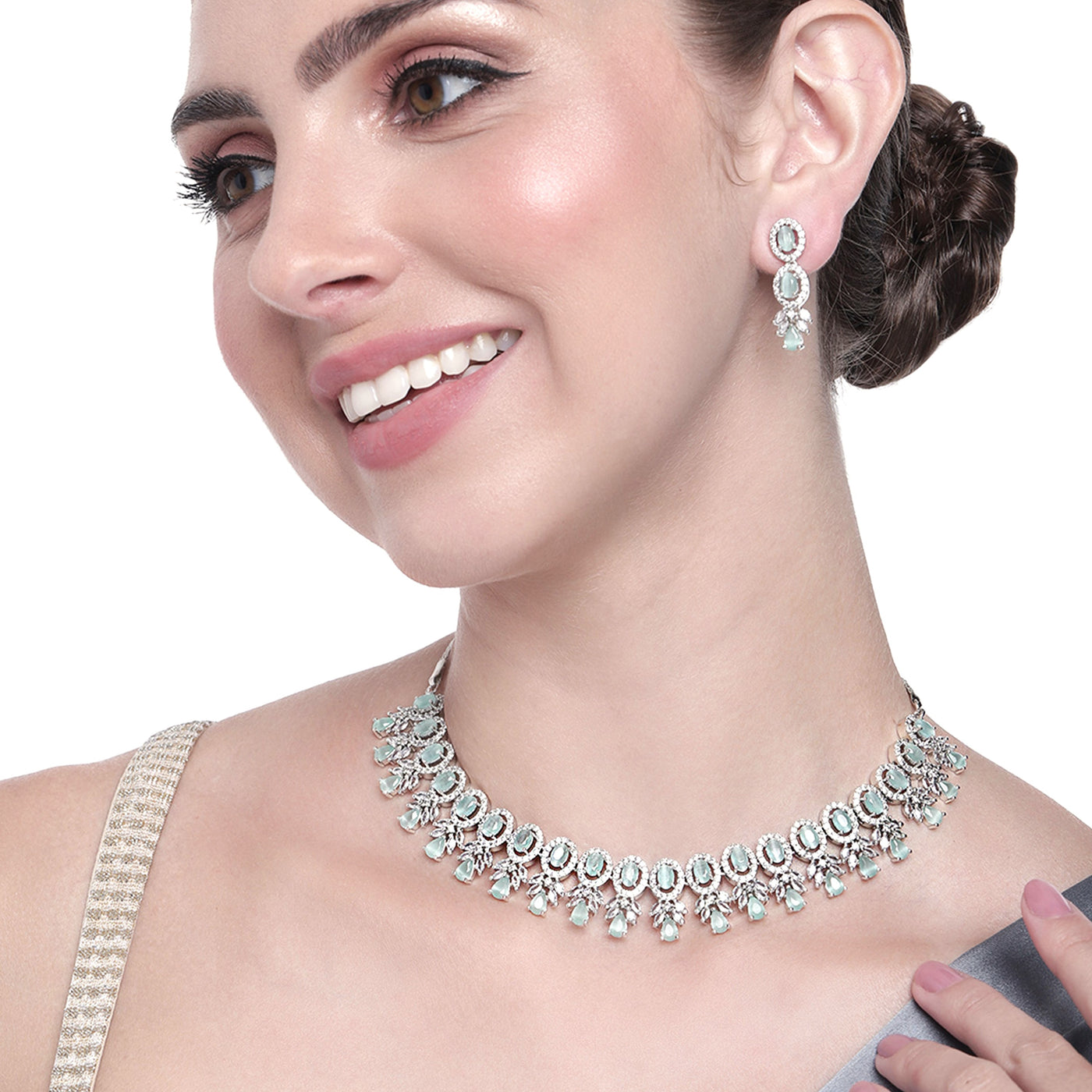 Estele Rhodium Plated CZ Exquisite Necklace Set with Mint Green Stones for Women