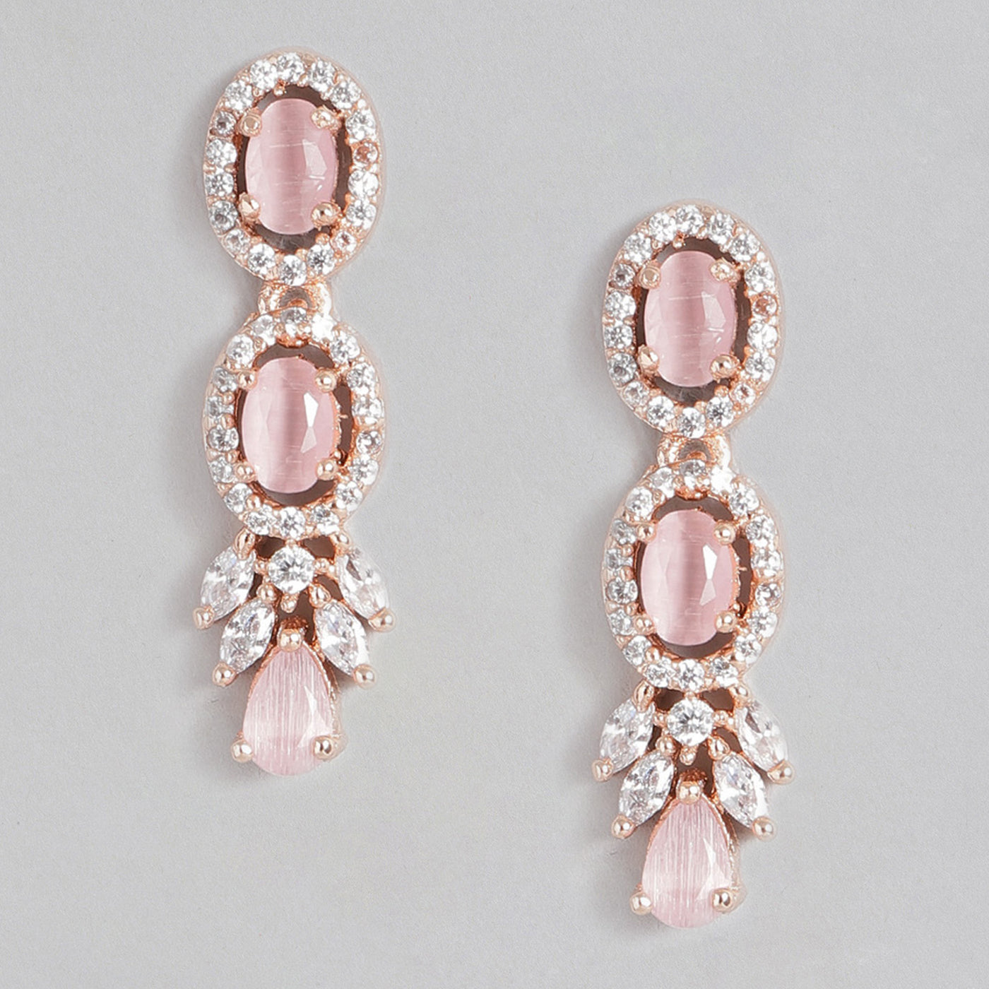 Estele Rose Gold Plated CZ Dazzling Drop Earrings with Mint Pink Stones for Women