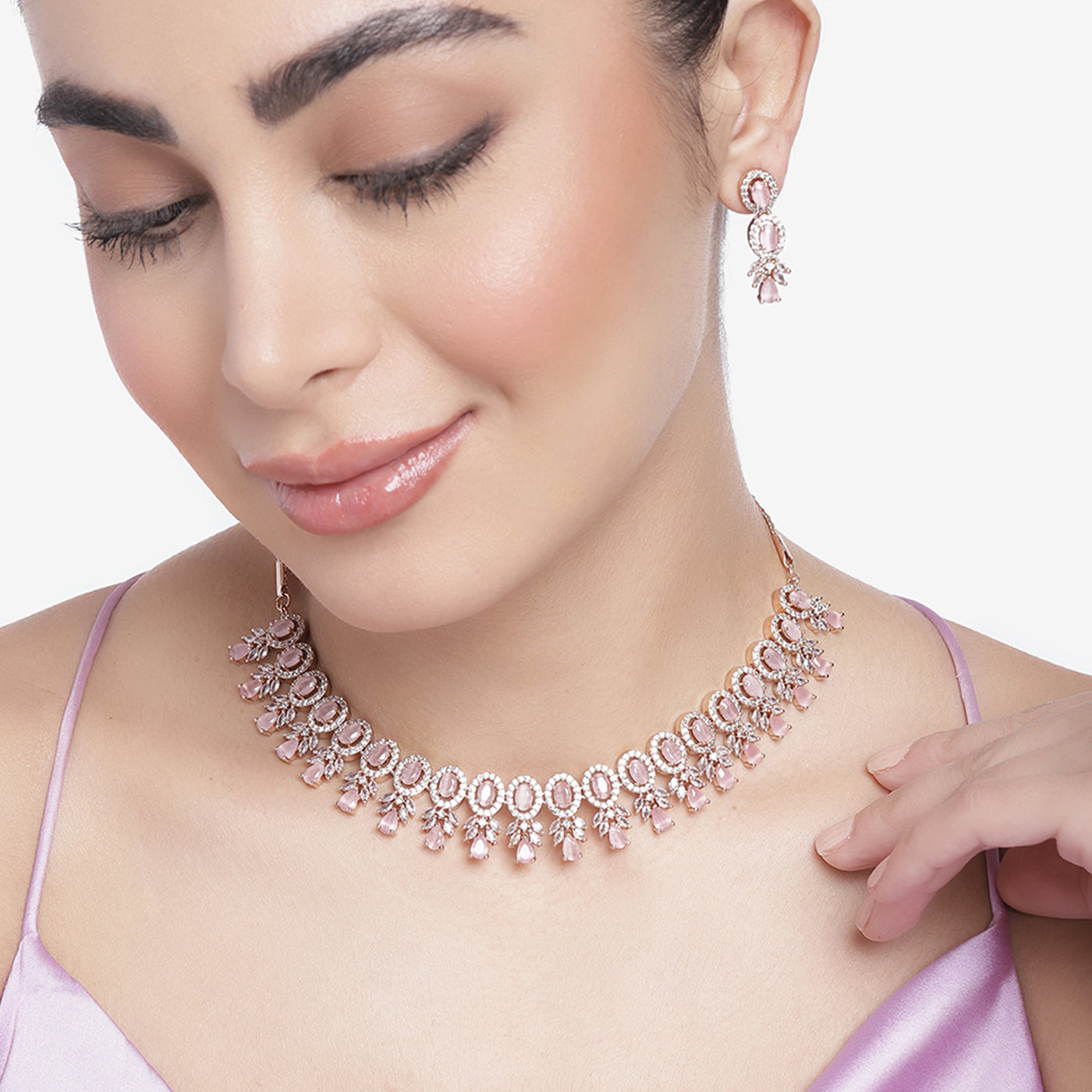 Estele Rose Gold Plated CZ Fascinating Necklace Set with Mint Pink Stones for Women