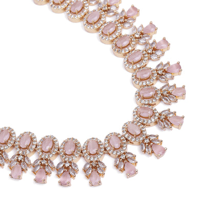 Estele Rose Gold Plated CZ Fascinating Necklace Set with Mint Pink Stones for Women