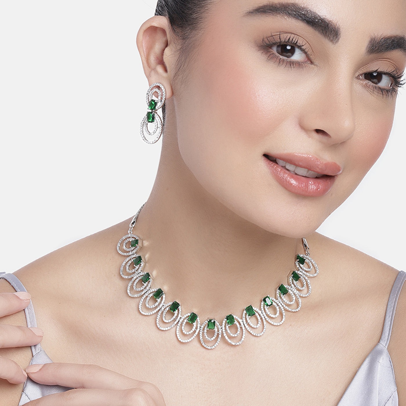 Estele Rhodium Plated CZ Circular Designer Necklace Set with Green Crystals for Women