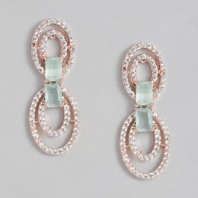 Estele Rose Gold Plated CZ Circular Designer Drop Earrings with Mint Green Stones for Women