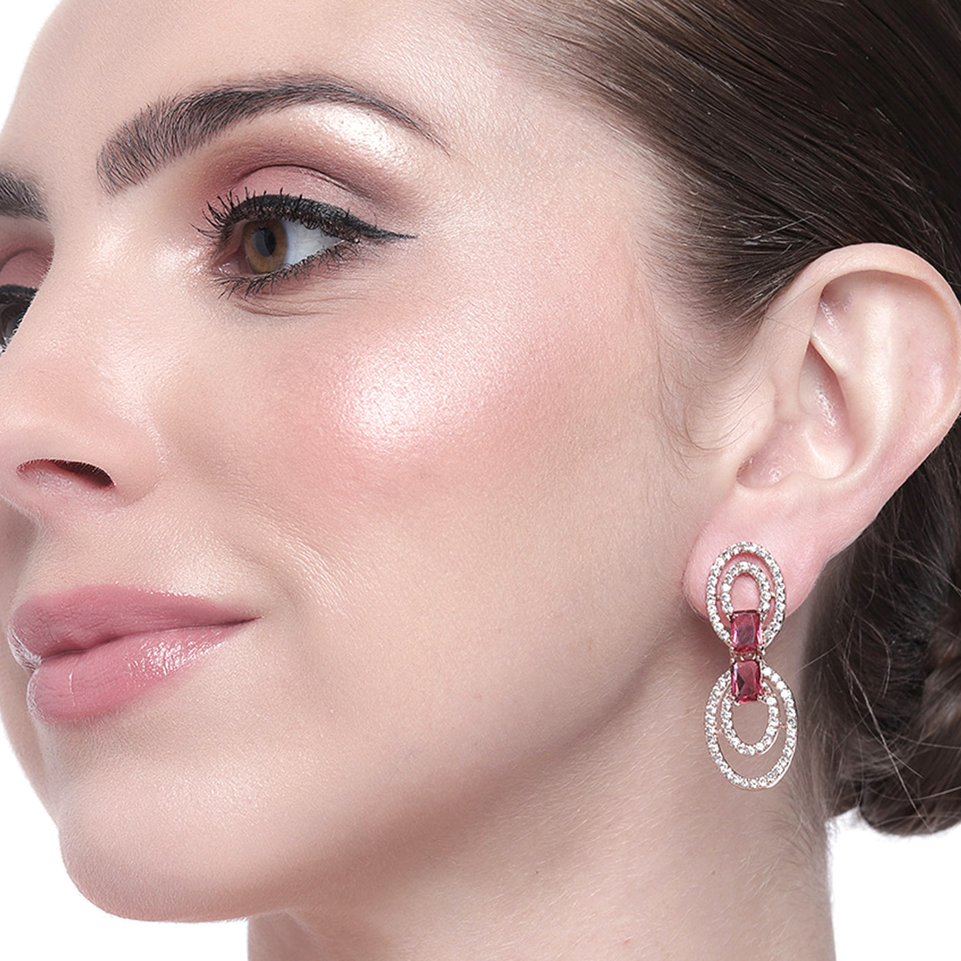 Estele Rose Gold Plated CZ Circular Designer Drop Earrings with Tourmaline Pink Stones for Women