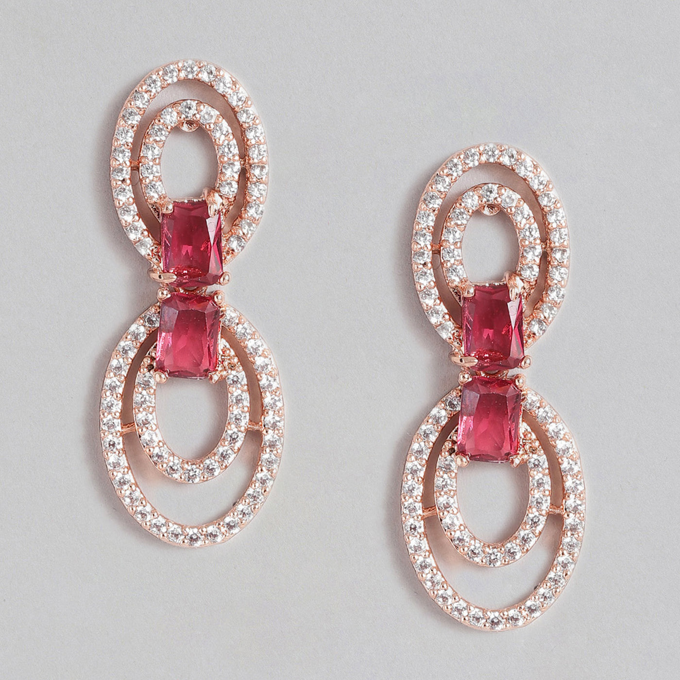 Estele Rose Gold Plated CZ Circular Designer Drop Earrings with Tourmaline Pink Stones for Women