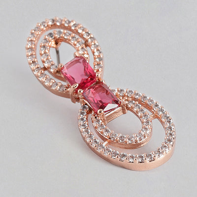 Estele Rose Gold Plated CZ Circular Designer Drop Earrings with Tourmaline Pink Stones for Women