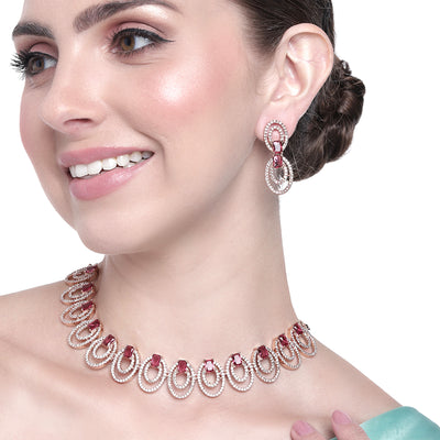 Estele Rose Gold Plated CZ Circular Designer Necklace Set with Tourmaline Pink Stones for Women