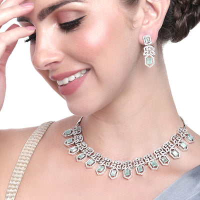 Estele Rhodium Plated CZ Shimmering Necklace Set with Mint Green Crystals for Women