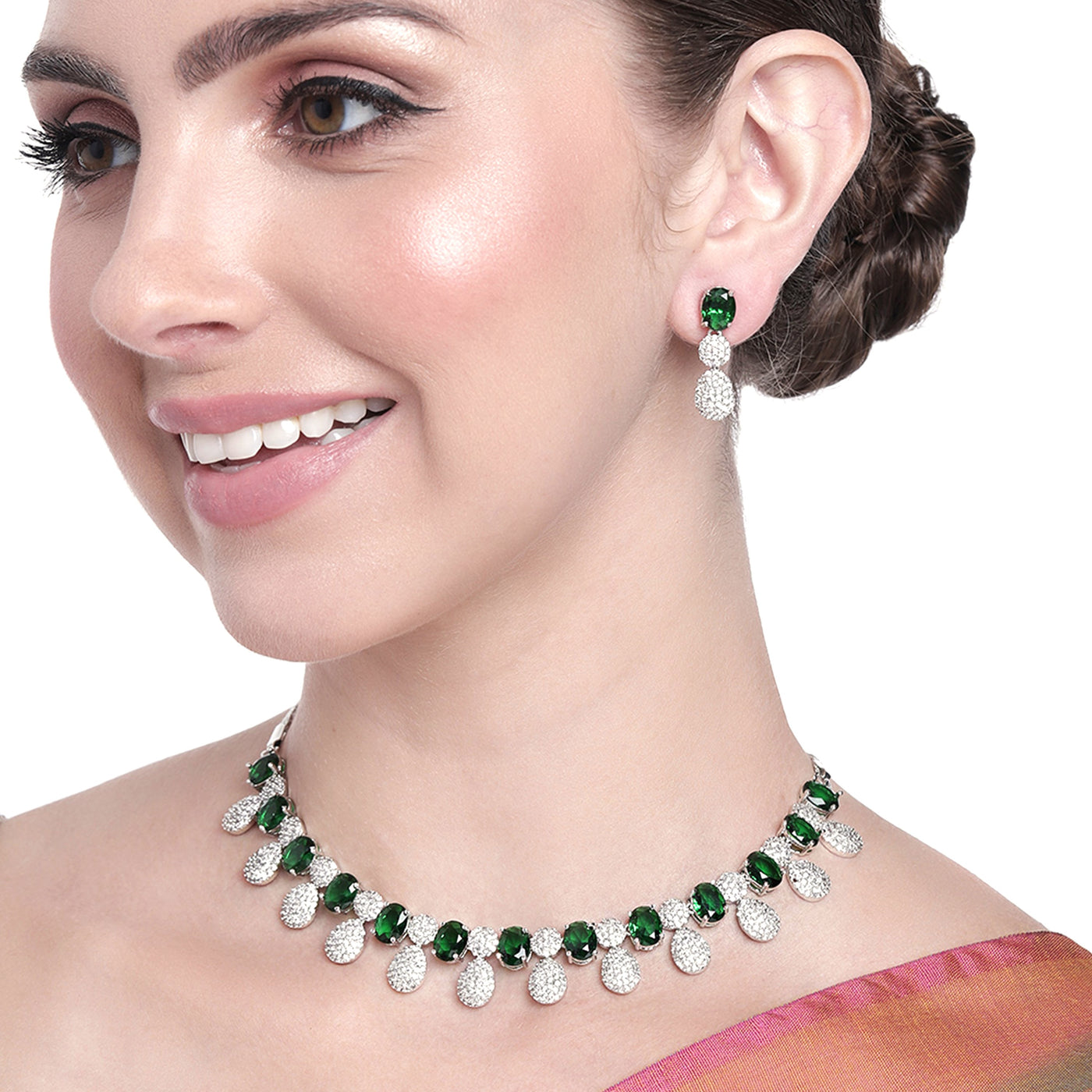 Estele Rhodium Plated CZ Drop Designer Necklace Set with Green Stones for Women