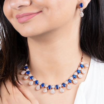 Estele Rose Gold Plated CZ Shimmering Necklace Set with Blue & White Stones for Girls & Women's