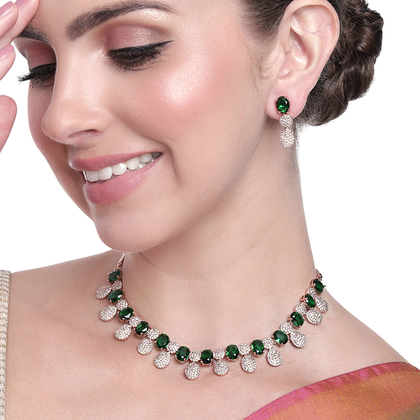 Estele Rose Gold Plated CZ Circular Designer Necklace Set with Green Stones for Women
