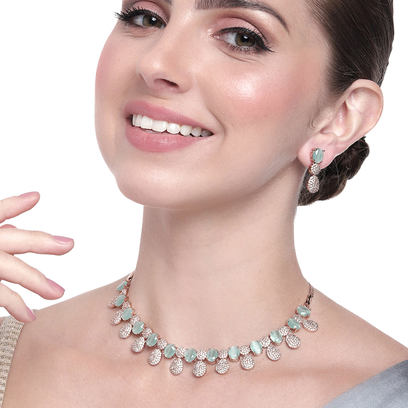 Estele Rose Gold Plated CZ Circular Designer Necklace Set with Mint Green Stones for Women