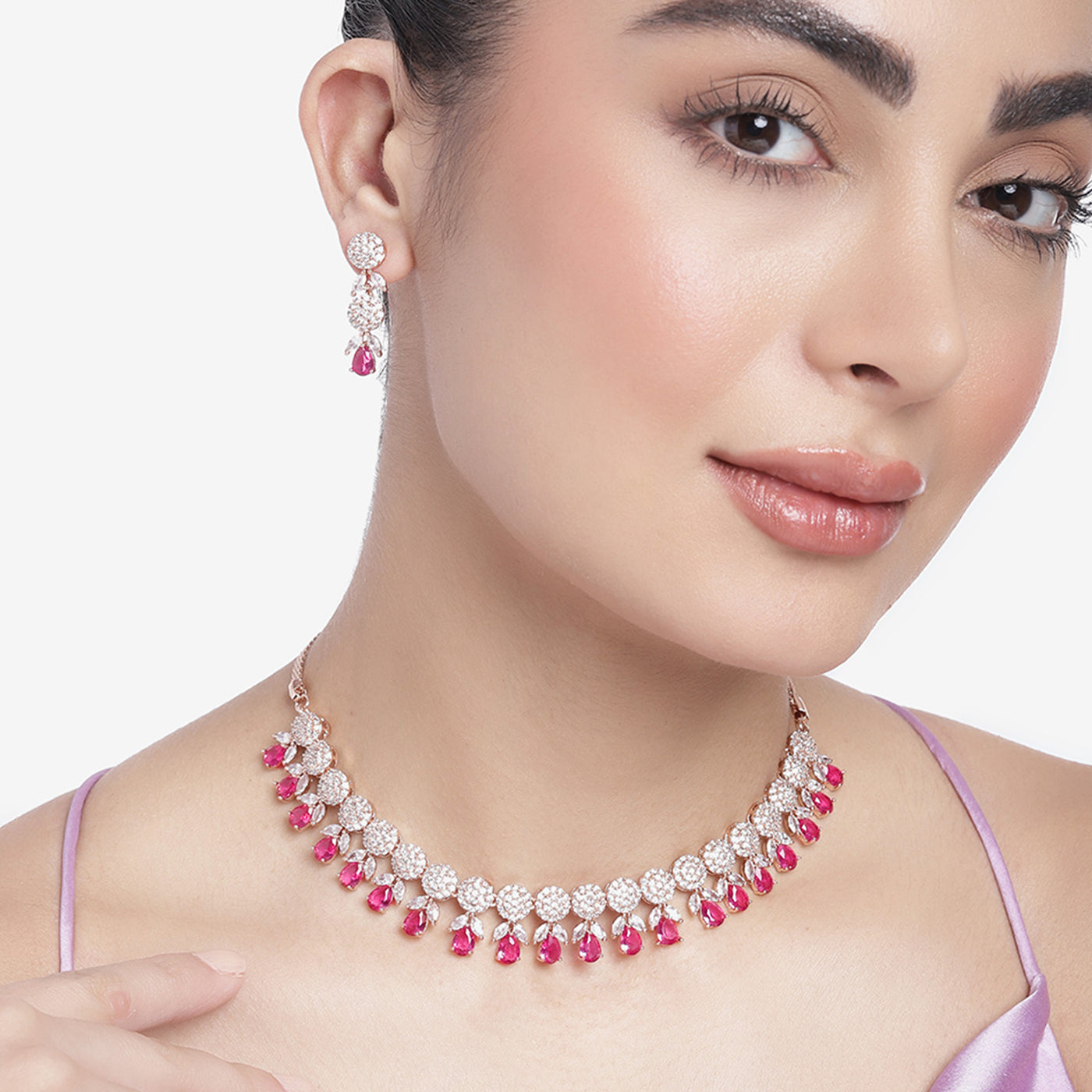 Estele Rose Gold Plated CZ Sparkling Necklace Set with Tourmaline Pink Crystals for Women