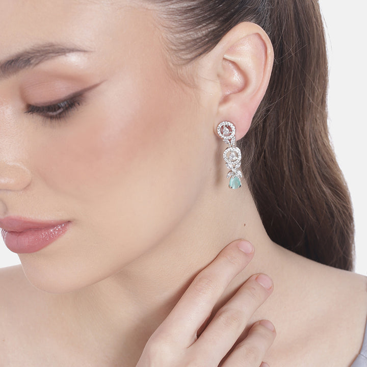 Estele Rhodium Plated CZ Classic Designer Drop Earrings with Mint Green Stones for Women