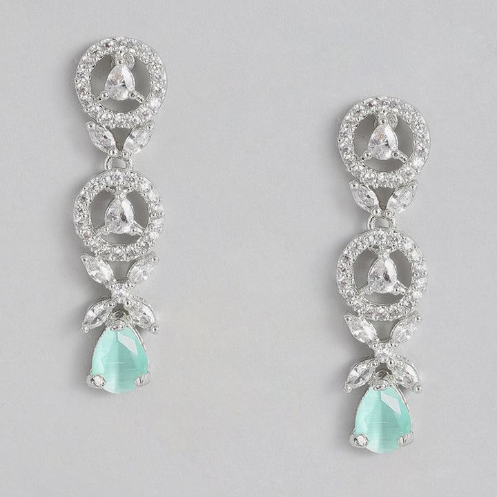 Estele Rhodium Plated CZ Classic Designer Drop Earrings with Mint Green Stones for Women