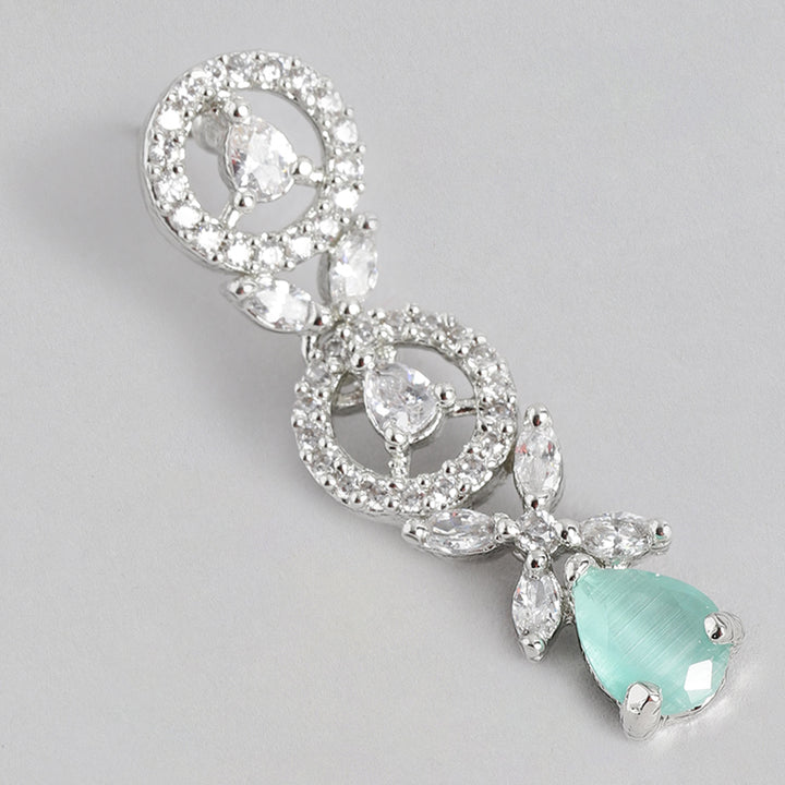 Estele Rhodium Plated CZ Classic Designer Drop Earrings with Mint Green Stones for Women
