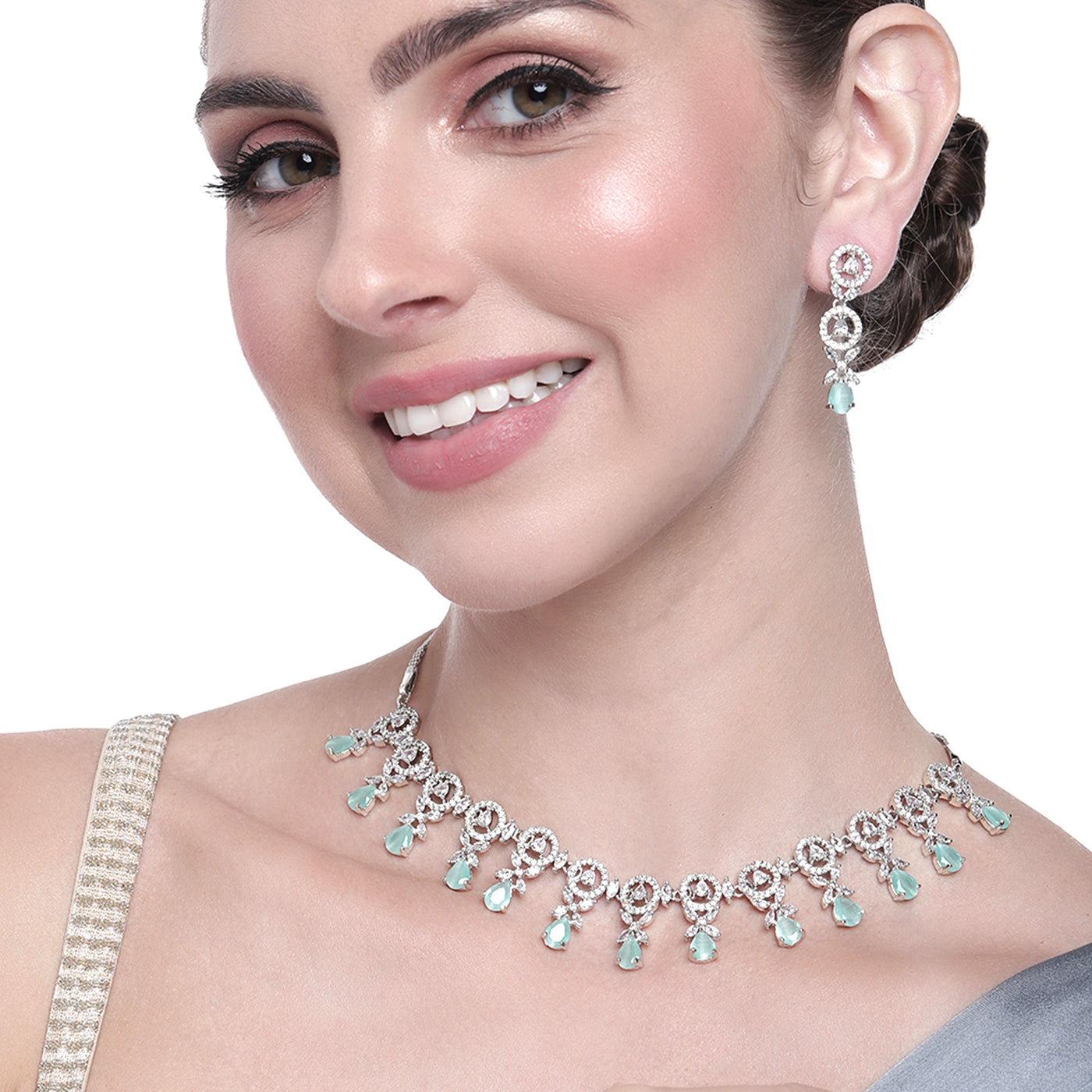 Estele Rhodium Plated CZ Circular Designer Necklace Set with Mint Green Crystals for Women