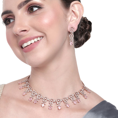 Estele Rose Gold Plated CZ Circular Designer Necklace Set with Mint Pink Crystals for Women