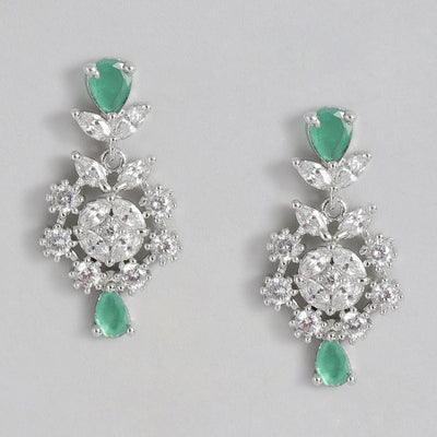 Estele Rhodium Plated CZ Ravishing Drop Earrings with Green Stones for Women