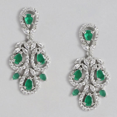 Estele Rhodium Plated CZ Gorgeous Drop Earrings with Green Stones for Women