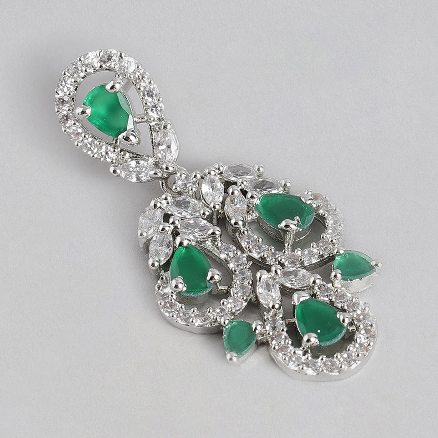 Estele Rhodium Plated CZ Gorgeous Drop Earrings with Green Stones for Women