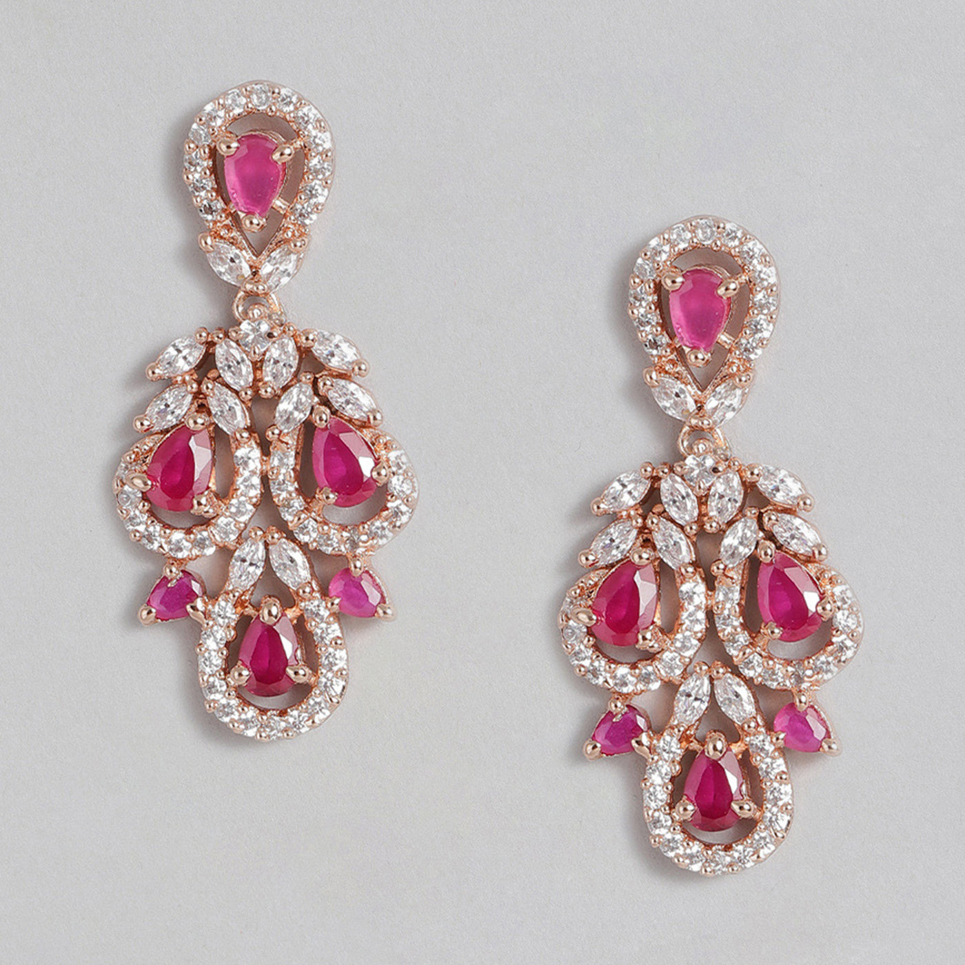 Estele Rose Gold Plated CZ Gorgeous Drop Earrings with Ruby Stones for Women