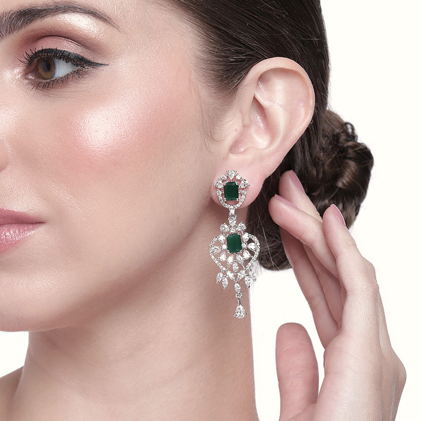 Estele Rhodium Plated CZ Magnificent Designer Drop Earrings with Green Stones for Women